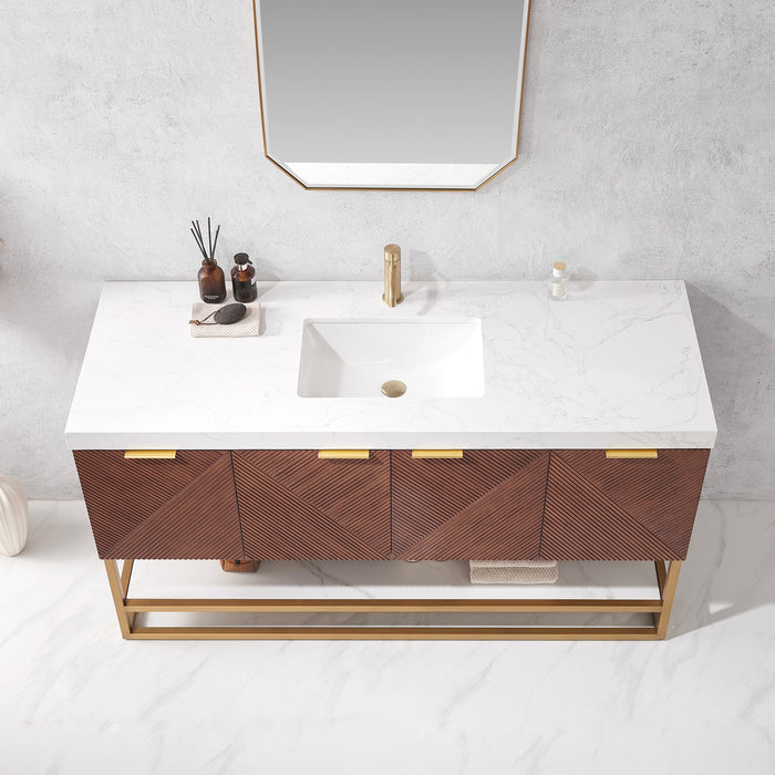 Mahon 60G" Free-standing Single Bath Vanity in North American Deep Walnut with White Grain Composite Stone Top
