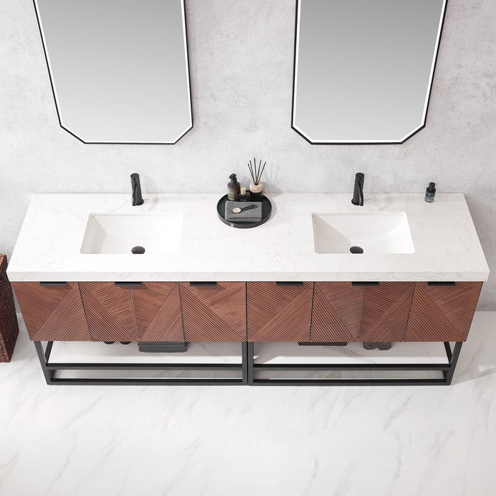 Mahon 84B" Free-standing Double Bath Vanity in North American Deep Walnut with White Grain Composite Stone Top