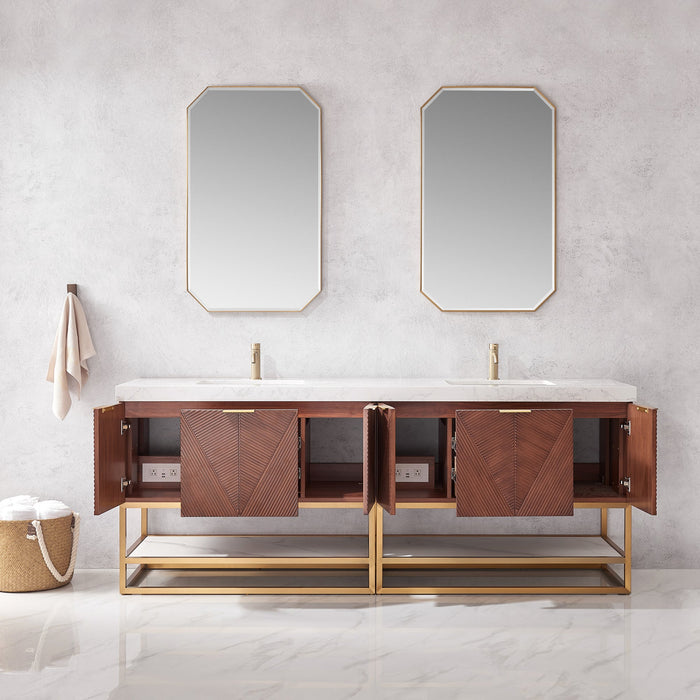 Mahon 84G" Free-standing Double Bath Vanity in North American Deep Walnut with White Grain Composite Stone Top
