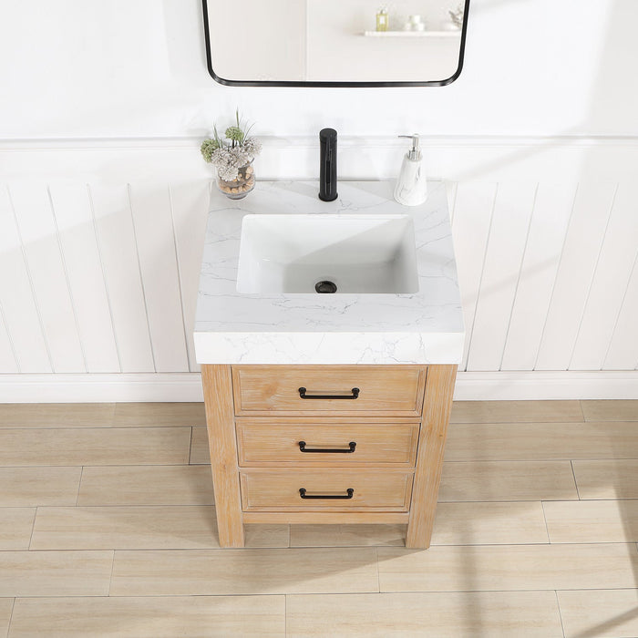 León 24" Free-standing Single Bathroom Vanity in Fir Wood Brown with Composite top in Lightning White