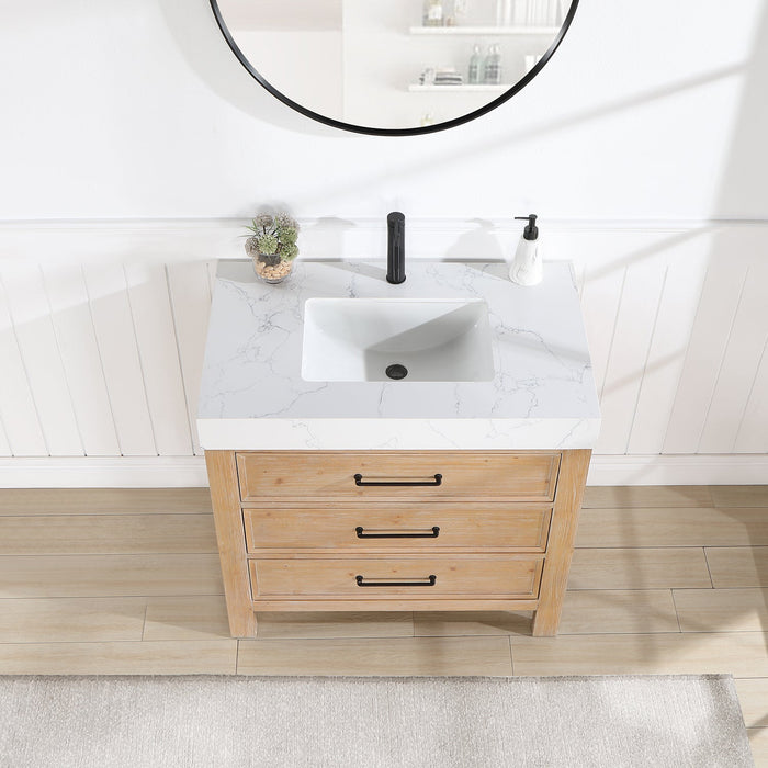 León 36" Free-standing Single Bathroom Vanity in Fir Wood Brown with Composite top in Lightning White