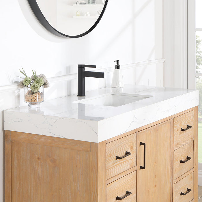 León 48" Free-standing Single Bathroom Vanity in Fir Wood Brown with Composite top in Lightning White