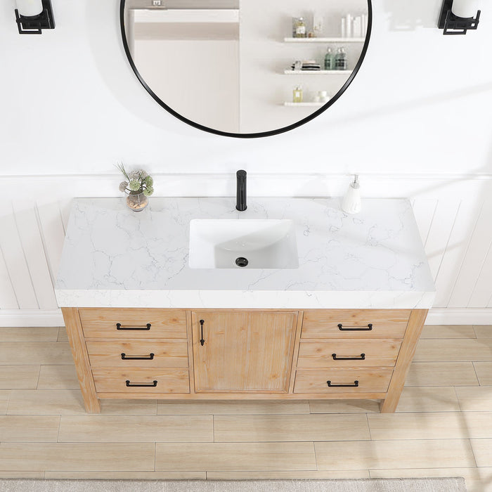 León 60" Free-standing Single Bathroom Vanity in Fir Wood Brown with Composite top in Lightning White
