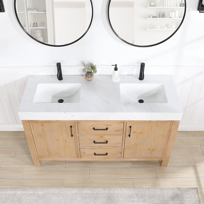 León 60" Free-standing Double Bathroom Vanity in Fir Wood Brown with Composite top in Lightning White