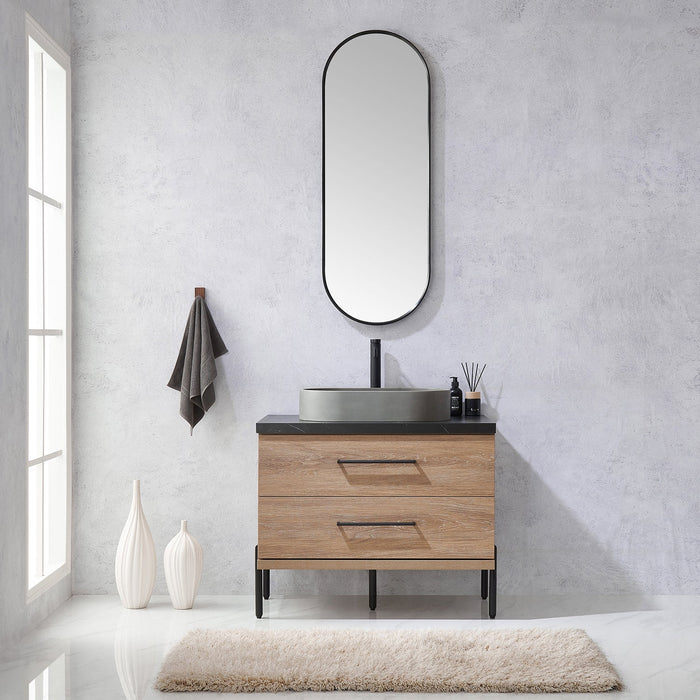 Trento 36" Single Vanity in North American Oak with Black Sintered Stone Top with Oval Concrete Sink