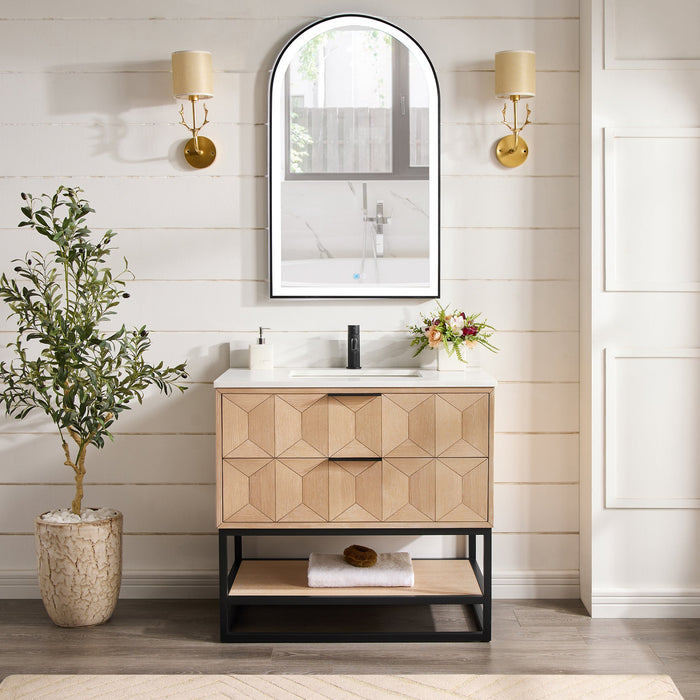Milagro Freestanding Single Sink Bathroom Vanity | 36", 48" | Fish Maw White Quartz Stone Top, Opt. Mirror