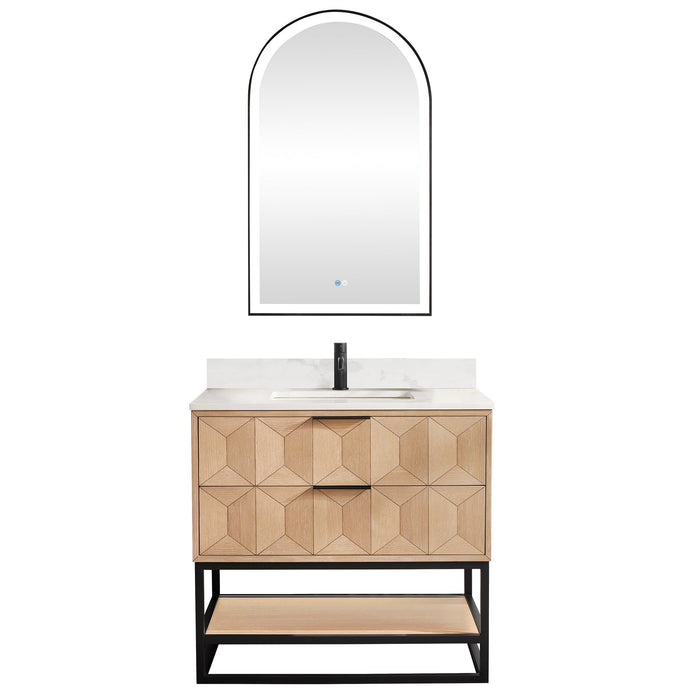 Milagro Freestanding Single Sink Bathroom Vanity | 36", 48" | Fish Maw White Quartz Stone Top, Opt. Mirror