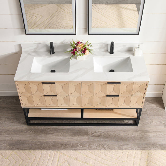 Milagro Freestanding Double Sink Bathroom Vanity | 60", 72" | Fish Maw White Quartz Stone Top, Opt. Mirror