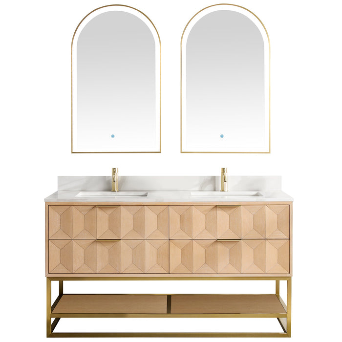 Milagro Freestanding Double Sink Bathroom Vanity | 60", 72" | Fish Maw White Quartz Stone Top, Opt. Mirror