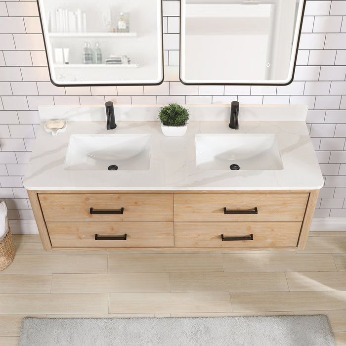 Cristo Wall-Mounted Double Sink Bathroom Vanity | 60", 72" | Fish Maw White Quartz Top, Opt. Mirror