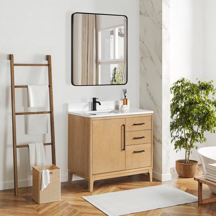Gara 36" Free-standing Single Bath Vanity in Washed Ash Grey with White Grain Composite Stone Top