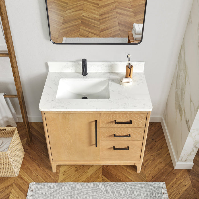 Gara 36" Free-standing Single Bath Vanity in Washed Ash Grey with White Grain Composite Stone Top