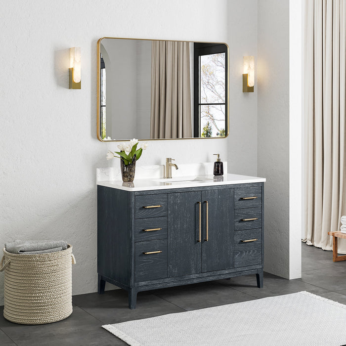 Gara 48" Free-standing Single Bath Vanity in Washed Blue with White Grain Composite Stone Top