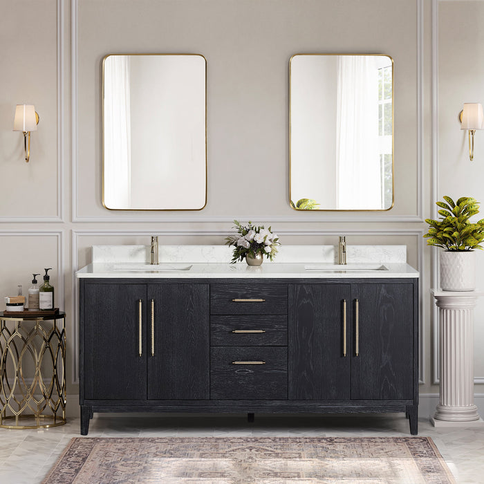 Gara 72" Free-standing Double Bath Vanity in Fir Wood Black with White Grain Composite Stone Top