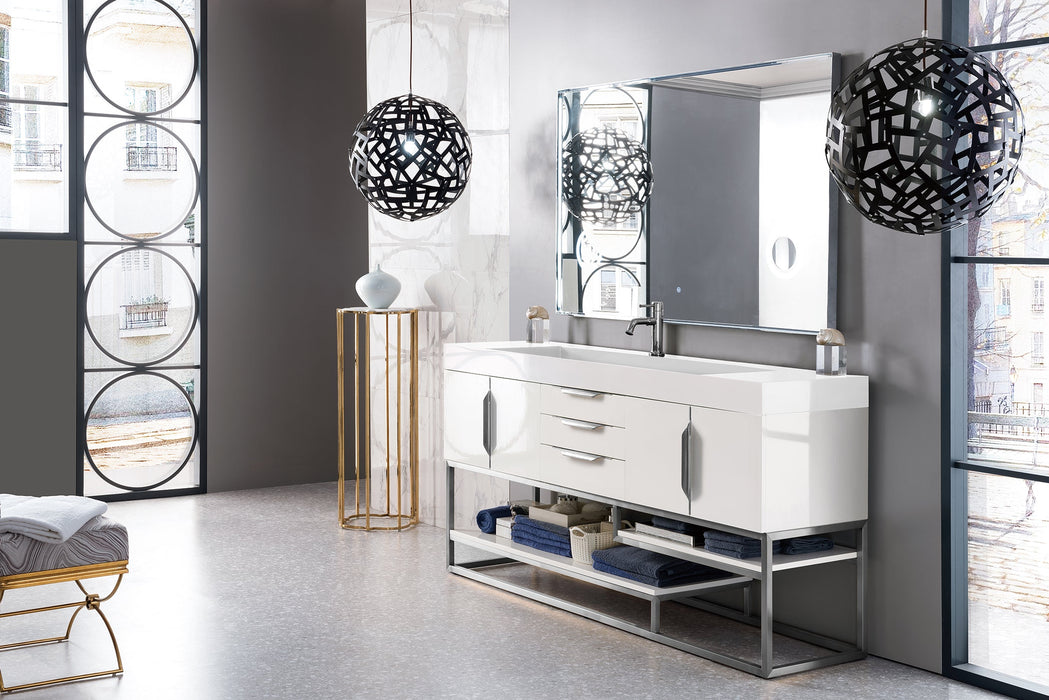 Columbia 72" Single Vanity, Glossy White, Brushed Nickel w/ Glossy White Composite Stone Top - Luxe Vanity & Tub