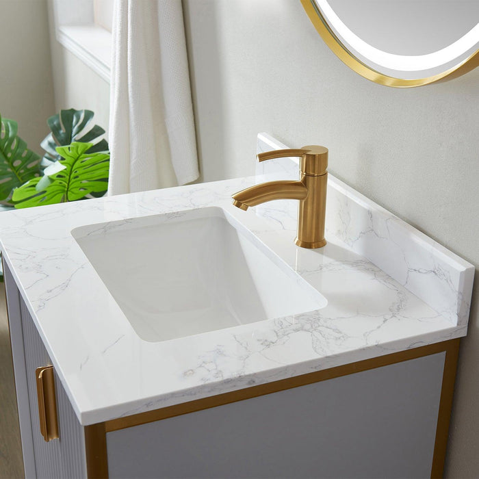 Vinnova Granada Single Vanity with White Composite Grain Stone Countertop With Mirror
