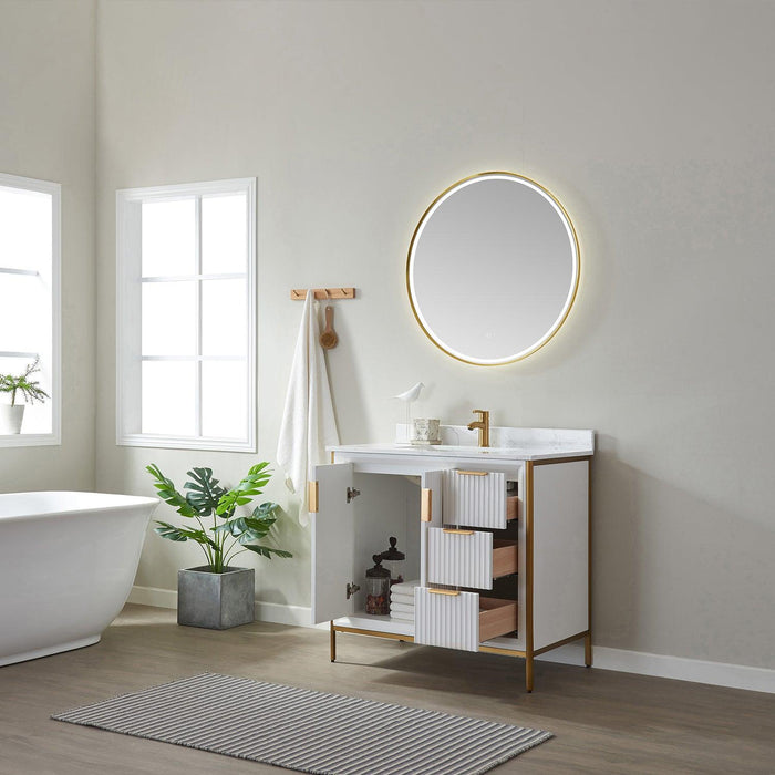 Vinnova Granada Single Vanity with White Composite Grain Stone Countertop With Mirror