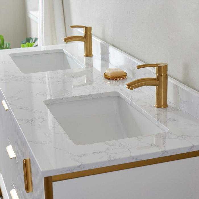 Vinnova Granada Double Vanity with White Composite Grain Stone Countertop With Mirror