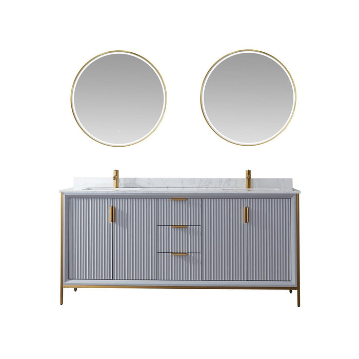 Vinnova Granada Double Vanity with White Composite Grain Stone Countertop With Mirror