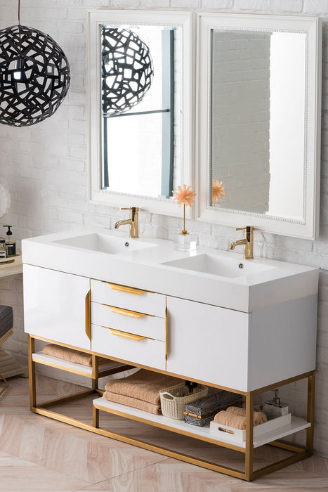 Columbia 59" Double Vanity, Glossy White, Radiant Gold w/ Glossy White Composite Stone Top - Luxe Vanity & Tub