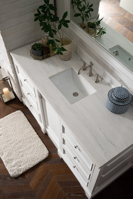 De Soto 60" Single Vanity, Bright White w/ 3 CM Arctic Fall Solid Surface Top - Luxe Vanity & Tub