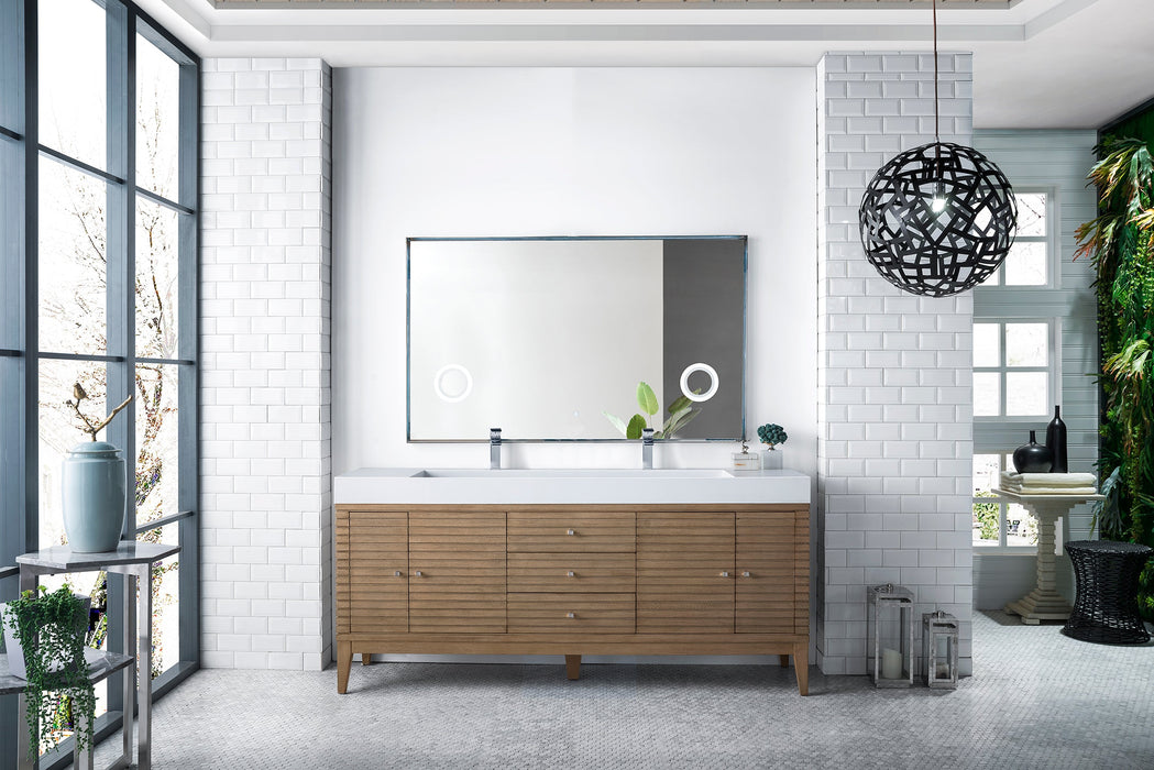 Linear 72" Double Vanity Whitewashed Walnut w/ Glossy White Composite Stone Top - Luxe Vanity & Tub