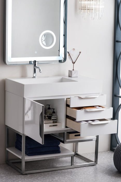 Columbia 36" Single Vanity, Glossy White, Brushed Nickel w/ Glossy White Composite Stone Top - Luxe Vanity & Tub