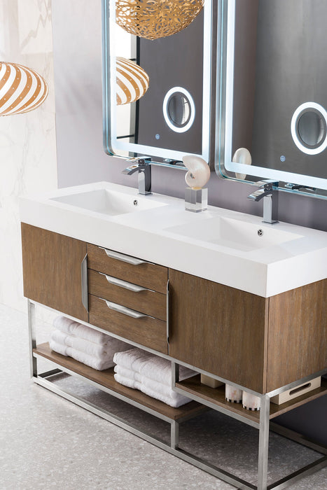 Columbia 59" Double Vanity, Latte Oak, Brushed Nickel w/ Glossy White Composite Stone Top - Luxe Vanity & Tub