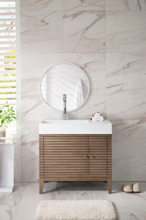 Linear 36" Single Vanity, Whitewashed Walnut w/ Glossy White Composite Stone Top - Luxe Vanity & Tub