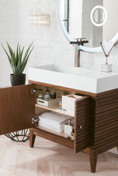 Linear 36" Single Vanity, Mid-Century Walnut w/ Glossy White Composite Stone Top - Luxe Vanity & Tub