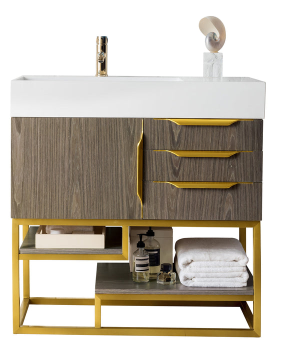 Columbia 36" Single Vanity, Ash Gray, Radiant Gold w/ Glossy White Composite Stone Top - Luxe Vanity & Tub