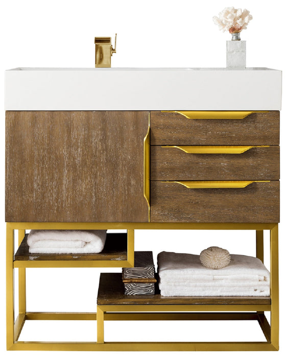 Columbia 36" Single Vanity, Latte Oak, Radiant Gold w/ Glossy White Composite Stone Top - Luxe Vanity & Tub