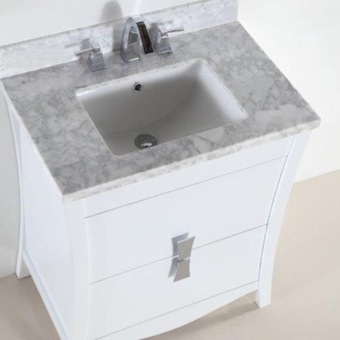 Bellaterra Home 30" 2-Drawer White Freestanding Vanity Set With Ceramic Undermount Rectangular Sink and White Carrara Marble Top - Luxe Vanity & Tub