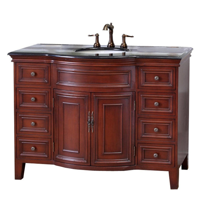 Bellaterra Home 48" 2-Door 8-Drawer Brown Cherry Freestanding Vanity Set With White Ceramic Undermount Sink and Black Galaxy Granite Top - Luxe Vanity & Tub