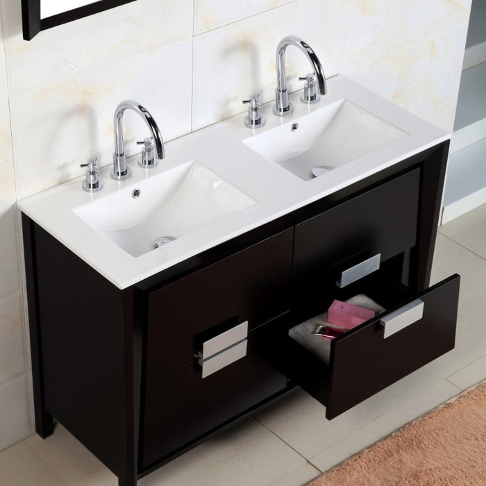 Bellaterra Home 48" 4-Drawer Dark Espresso Freestanding Vanity Set With Ceramic Double Integrated Sink and Ceramic Top - Luxe Vanity & Tub