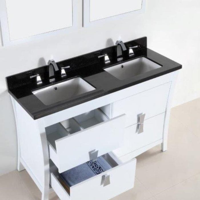 Bellaterra Home 48" 4-Drawer White Freestanding Vanity Set With Ceramic Double Undermount Rectangular Sink and Black Galaxy Granite Top - Luxe Vanity & Tub