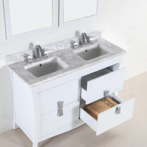 Bellaterra Home 48" 4-Drawer White Freestanding Vanity Set With Ceramic Double Undermount Rectangular Sink and White Carrara Marble Top - Luxe Vanity & Tub