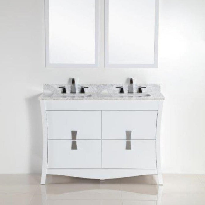 Bellaterra Home 48" 4-Drawer White Freestanding Vanity Set With Ceramic Double Undermount Rectangular Sink and White Carrara Marble Top - Luxe Vanity & Tub