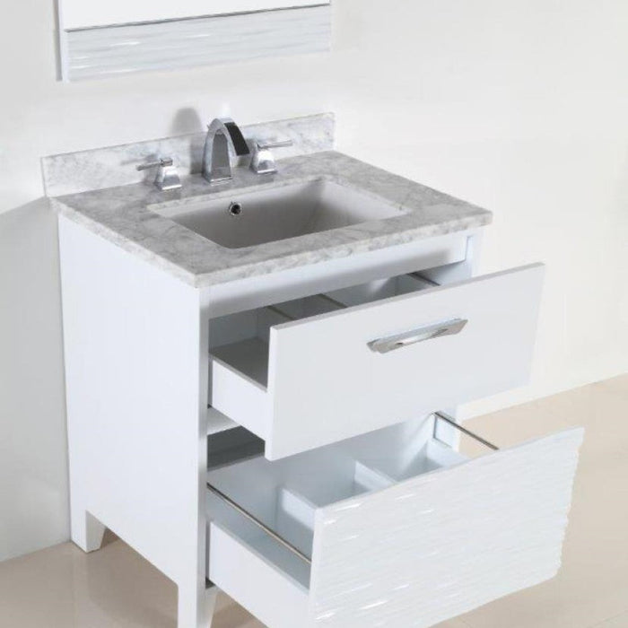 Bellaterra Home 30" 2-Drawer White Freestanding Vanity Set With Ceramic Undermount Rectangular Sink and White Carrara Marble Top - Luxe Vanity & Tub