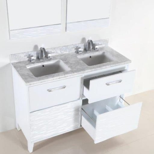 Bellaterra Home 48" 4-Drawer White Freestanding Vanity Set With Ceramic Double Undermount Rectangular Sink and White Carrara Marble Top - Luxe Vanity & Tub