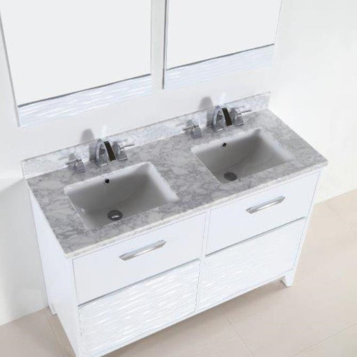 Bellaterra Home 48" 4-Drawer White Freestanding Vanity Set With Ceramic Double Undermount Rectangular Sink and White Carrara Marble Top - Luxe Vanity & Tub