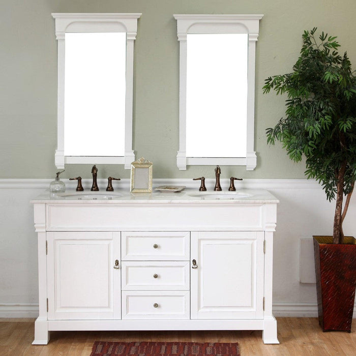 Bellaterra Home 60" 2-Door 3-Drawer White Freestanding Vanity Set With White Ceramic Double Undermount Sink and White Marble Top - Luxe Vanity & Tub