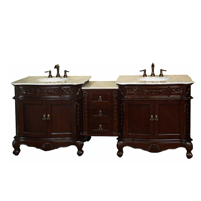 Bellaterra Home 83" 4-Door 3-Drawer Walnut Freestanding Vanity Set With White Ceramic Double Undermount Sink and Carrara White Marble Top - Luxe Vanity & Tub