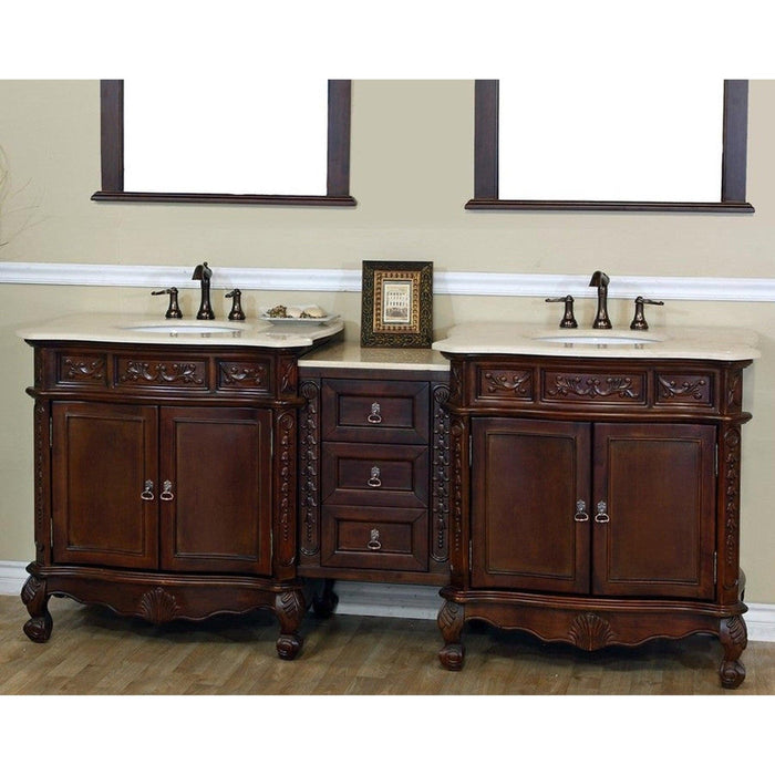 Bellaterra Home 83" 4-Door 3-Drawer Walnut Freestanding Vanity Set With White Ceramic Double Undermount Sink and Cream Marble Top