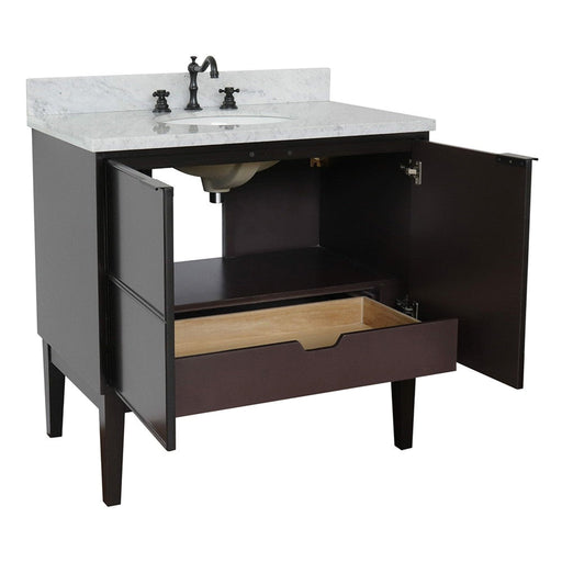 Bellaterra Home Cafe 37" 2-Door 1-Drawer Cappuccino Freestanding Vanity Set With Ceramic Undermount Oval Sink and White Carrara Marble Top - Luxe Vanity & Tub