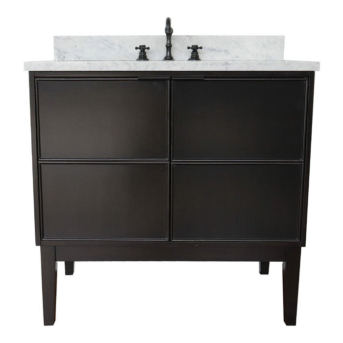 Bellaterra Home Cafe 37" 2-Door 1-Drawer Cappuccino Freestanding Vanity Set With Ceramic Undermount Oval Sink and White Carrara Marble Top - Luxe Vanity & Tub