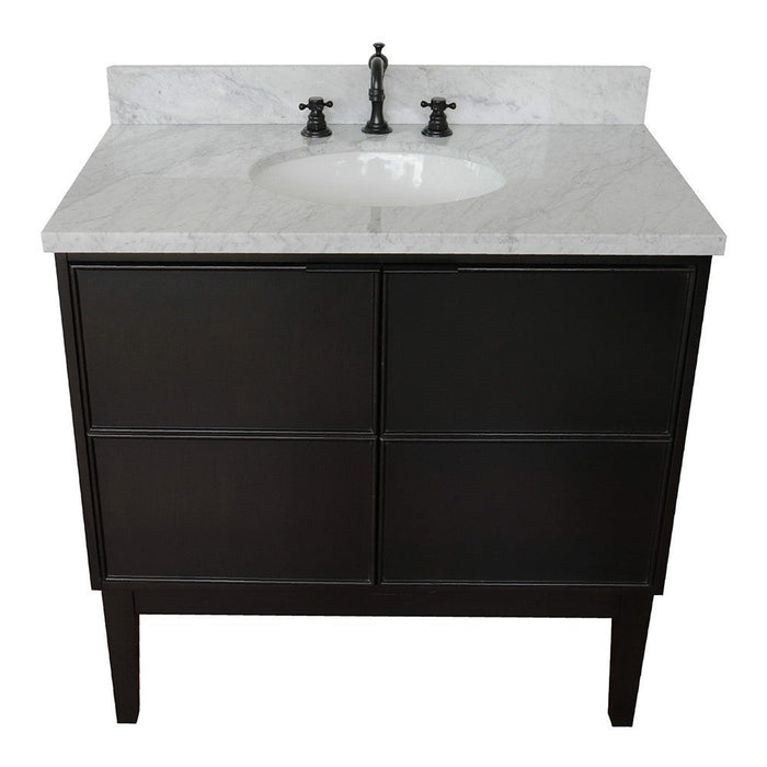 Bellaterra Home Cafe 37" 2-Door 1-Drawer Cappuccino Freestanding Vanity Set With Ceramic Undermount Oval Sink and White Carrara Marble Top - Luxe Vanity & Tub