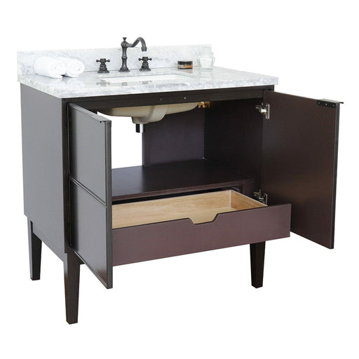 Bellaterra Home Cafe 37" 2-Door 1-Drawer Cappuccino Freestanding Vanity Set With Ceramic Undermount Rectangular Sink and White Carrara Marble Top - Luxe Vanity & Tub