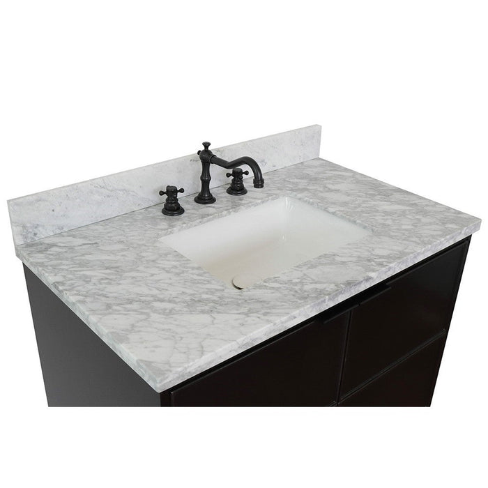 Bellaterra Home Cafe 37" 2-Door 1-Drawer Cappuccino Freestanding Vanity Set With Ceramic Undermount Rectangular Sink and White Carrara Marble Top - Luxe Vanity & Tub