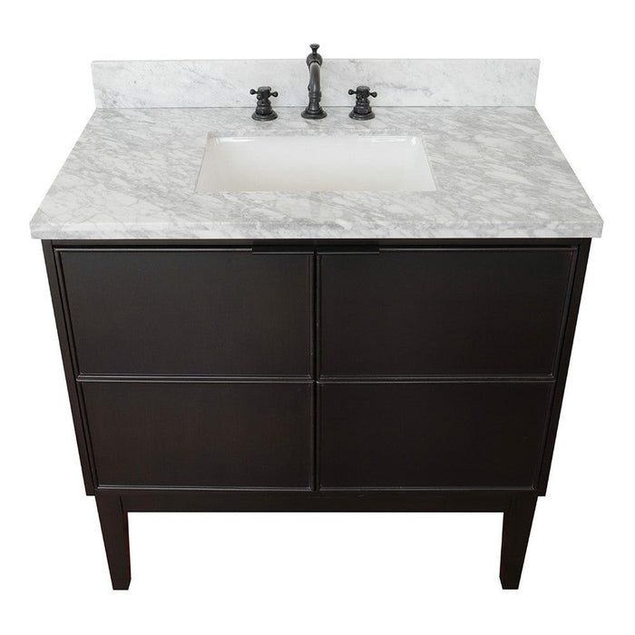 Bellaterra Home Cafe 37" 2-Door 1-Drawer Cappuccino Freestanding Vanity Set With Ceramic Undermount Rectangular Sink and White Carrara Marble Top - Luxe Vanity & Tub